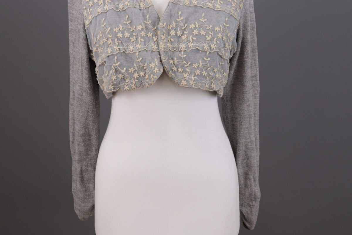 Elisa Cavaletti Gray Floral Mesh Wool Cropped Cardigan Sweater – Size L – Used