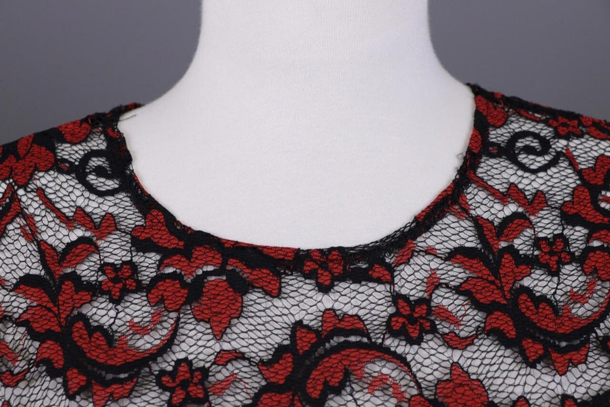 GANNI Red Floral Lace Embroidered Long Sleeve Bodycon Midi Dress – Size M