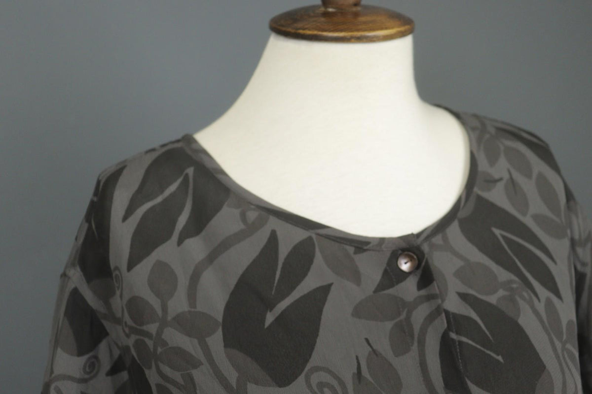 GUDRUN SJODEN Black Floral 100% Viscose Round Neck Button Front Shirt Dress Sz L