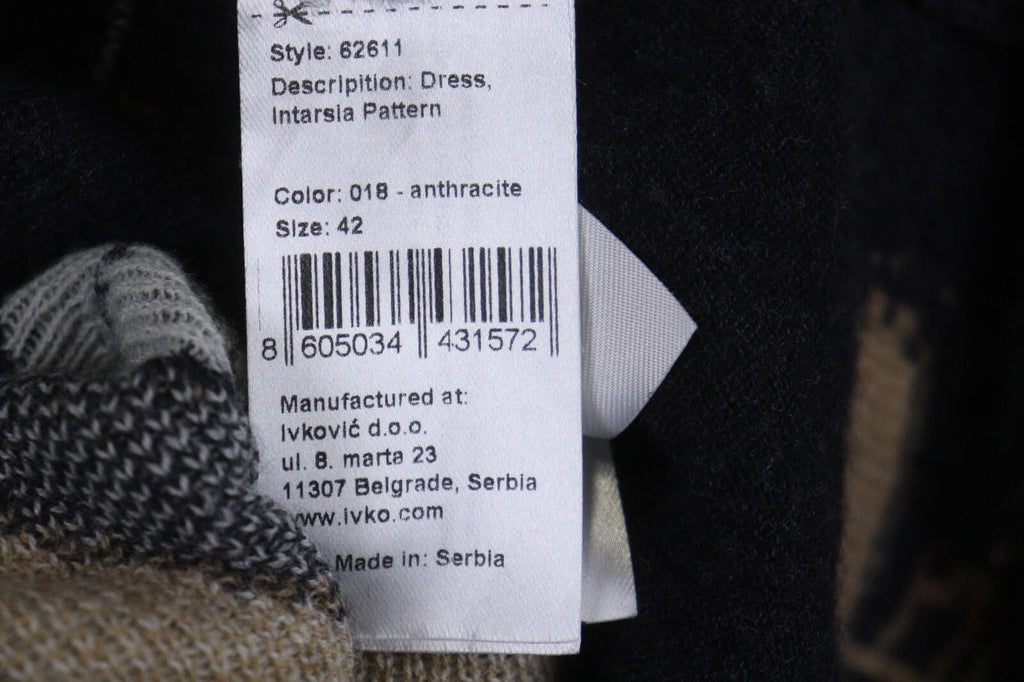 IVKO Black Gray 100% Wool Crew Neck Long Sleeve Fit & Flare Dress – Size 42
