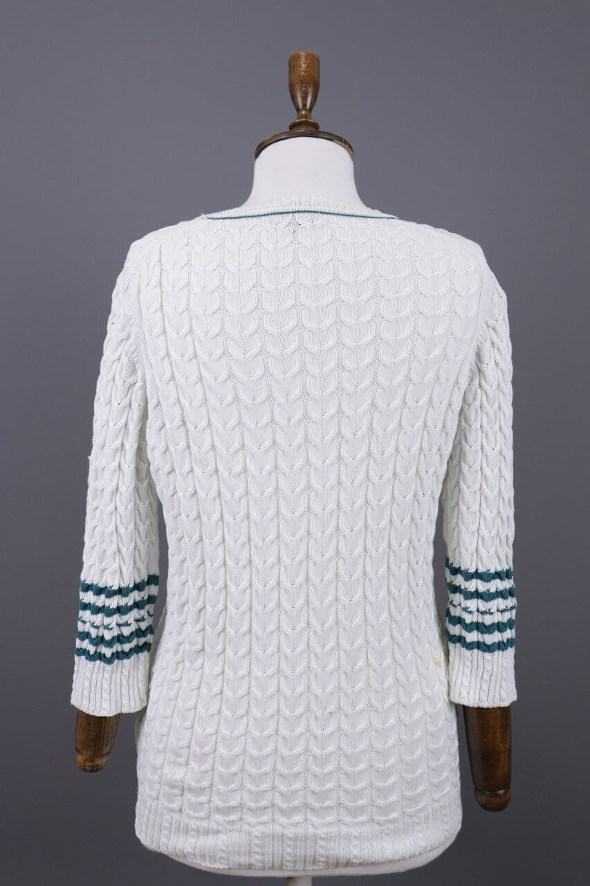 Burberry London White Striped Knit V-Neck Sweater – Size 40