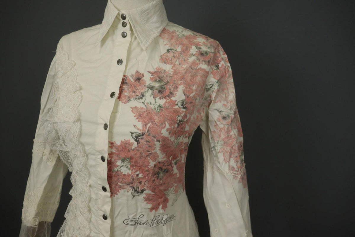 SAVE THE QUEEN White Floral Cotton Lace Long Sleeve Snap Button Shirt Top – Size S