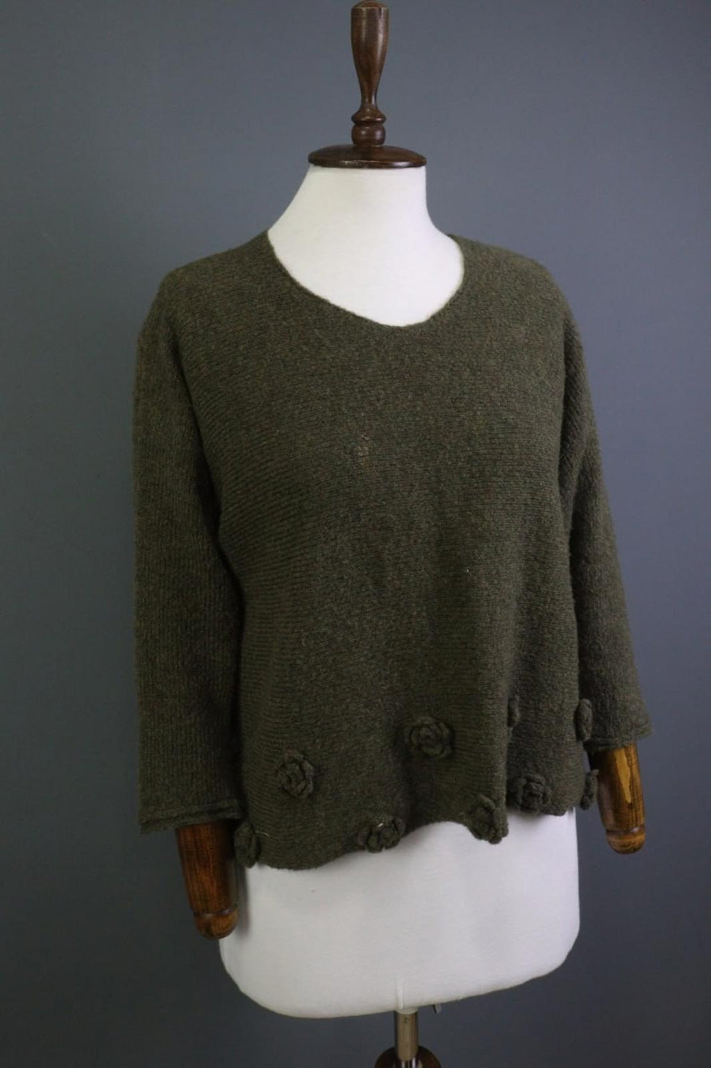 GRIZAS Green Wool Flower Knit Crew Neck Long Sleeve Pullover Sweater – Size XL