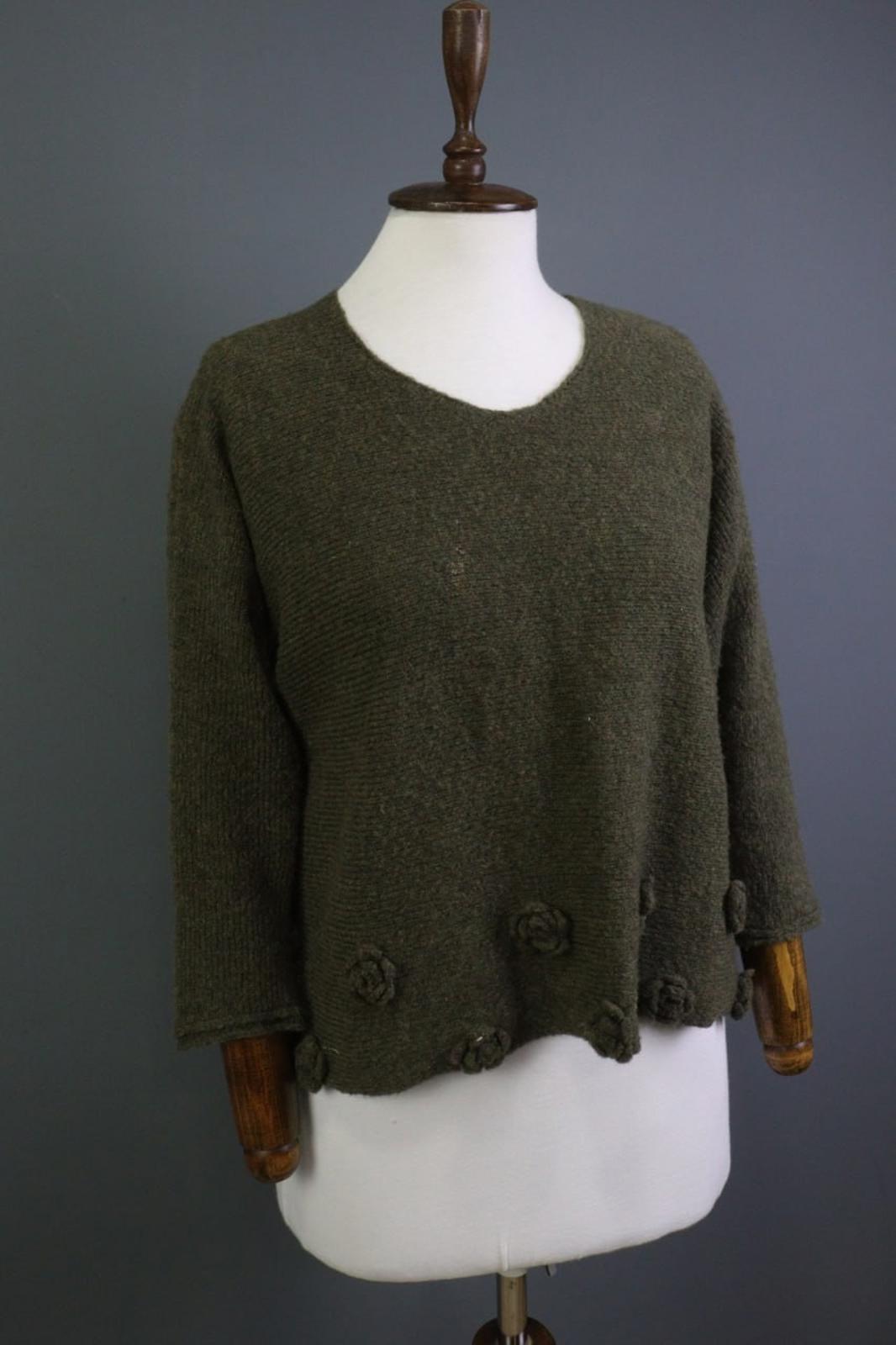 GRIZAS Green Wool Flower Knit Crew Neck Long Sleeve Pullover Sweater – Size XL
