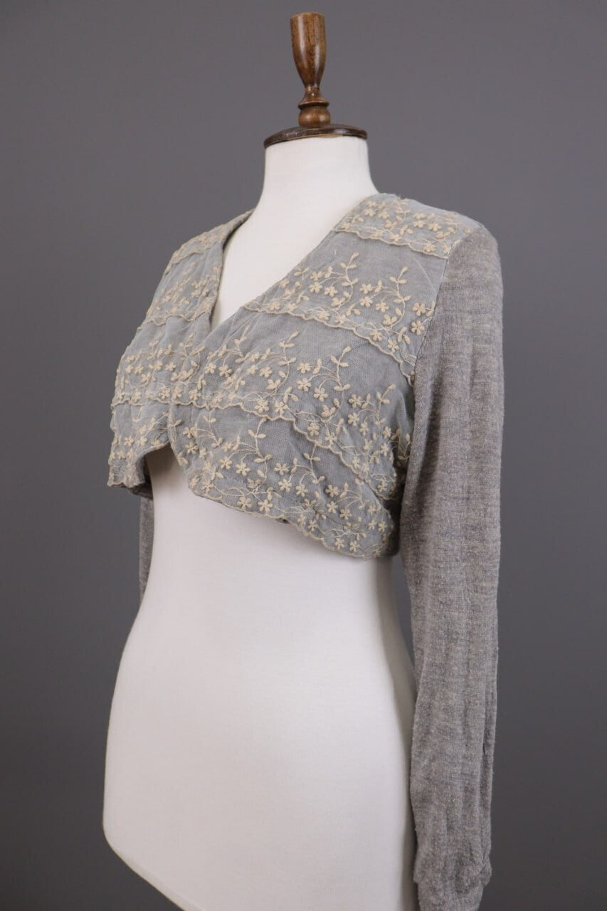 Elisa Cavaletti Gray Floral Mesh Wool Cropped Cardigan Sweater – Size L – Used