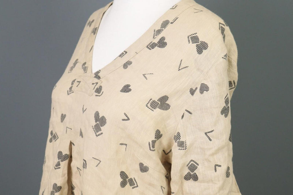GUDRUN SJODEN Beige Printed Linen Long SLeeve Lagenlook Blouse Tunic Shirt Sz M