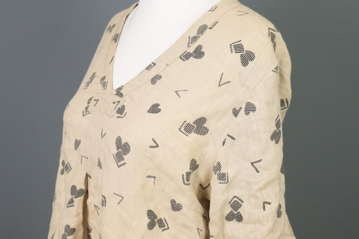 GUDRUN SJODEN Beige Printed Linen Long SLeeve Lagenlook Blouse Tunic Shirt Sz M
