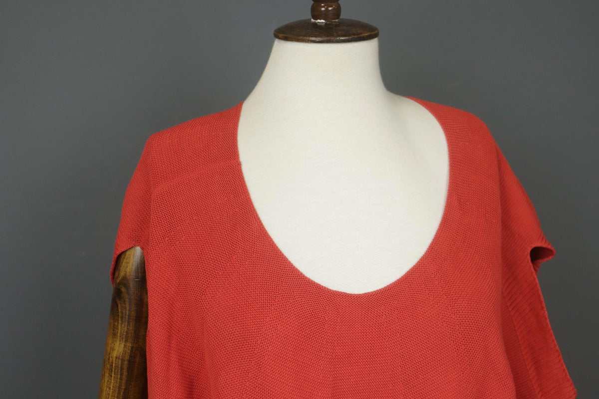 OSKA Red Knit Asymmetrical Cotton Short Sleeve Round Neck Pullover Sweater Sz 4