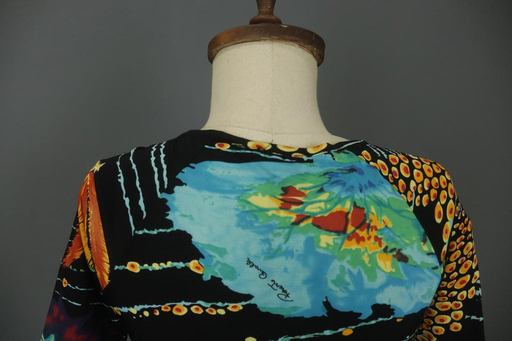 ROBERTO CAVALLI Multicolor Geometric Long Sleeve V-Neck Midi Shift Dress – Size L