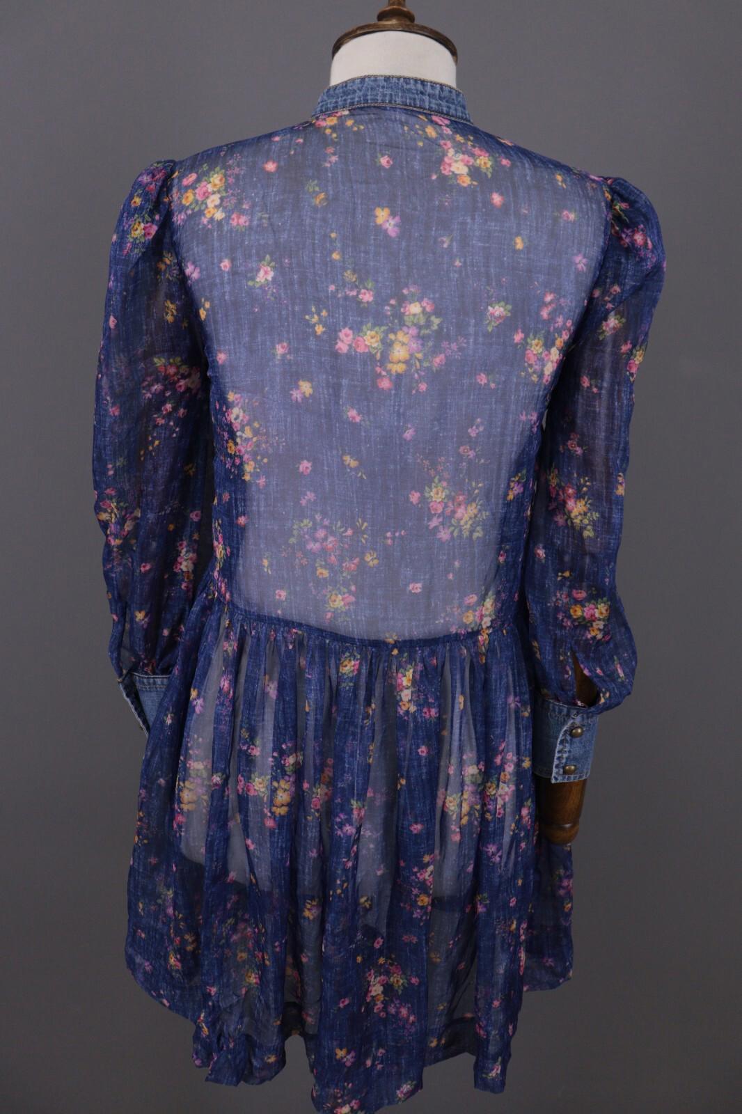 PHILOSOPHY Di Lorenzo Serafini Blue Floral Mesh Ruffle Long Sleeve A-Line Dress