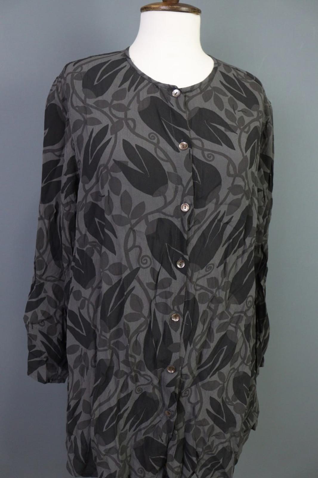 GUDRUN SJODEN Gray Black Leaf Print 100%Viscose Button Front Sheath Dress – Size L