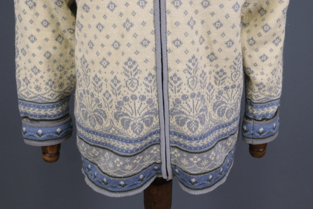 DALE OF NORWAY Beige Blue Fair Isle Wool Full Zip Knit Cardigan Sweater – Size M