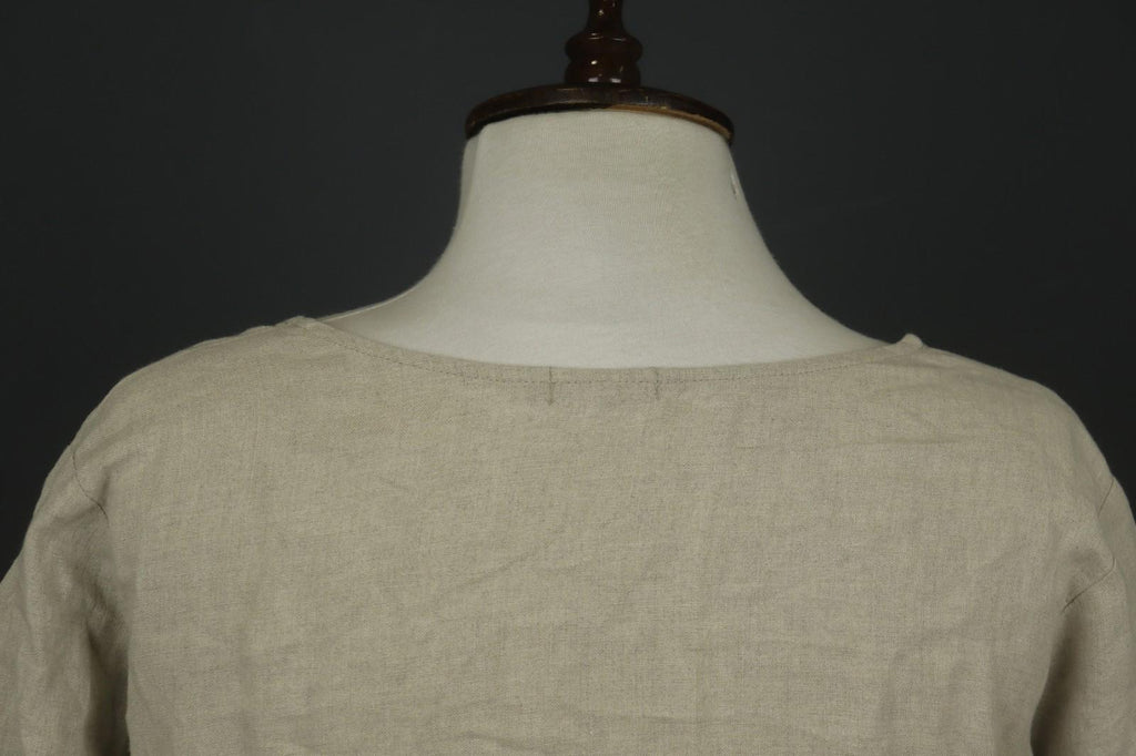 GRIZAS Beige 100% Linen Split Neck Short Sleeve Casual Summer Sheath Dress Sz L