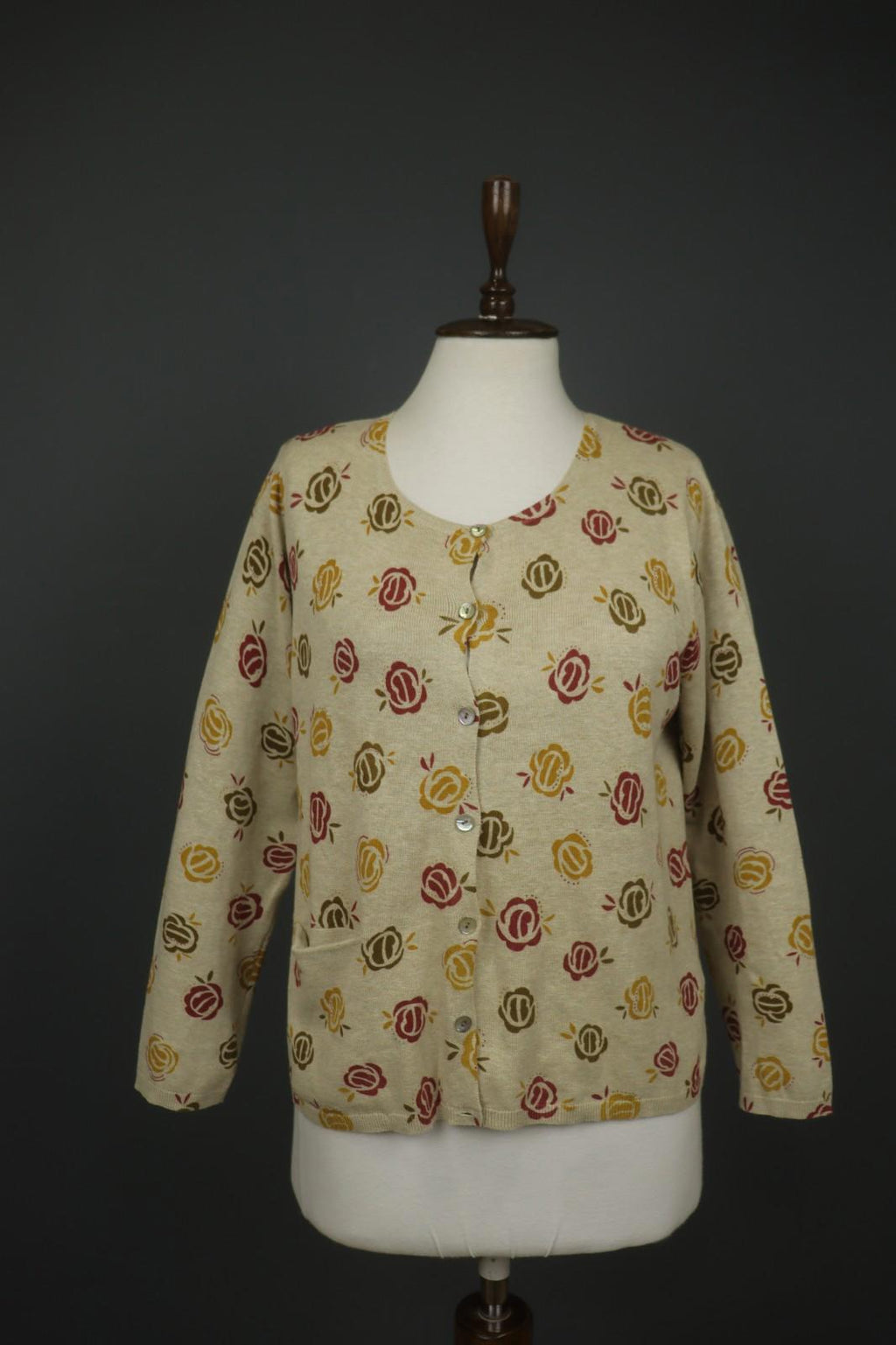 GUDRUN SJODEN Multi Floral 100% Cotton Knit Round Neck Cardigan Sweater – Size M