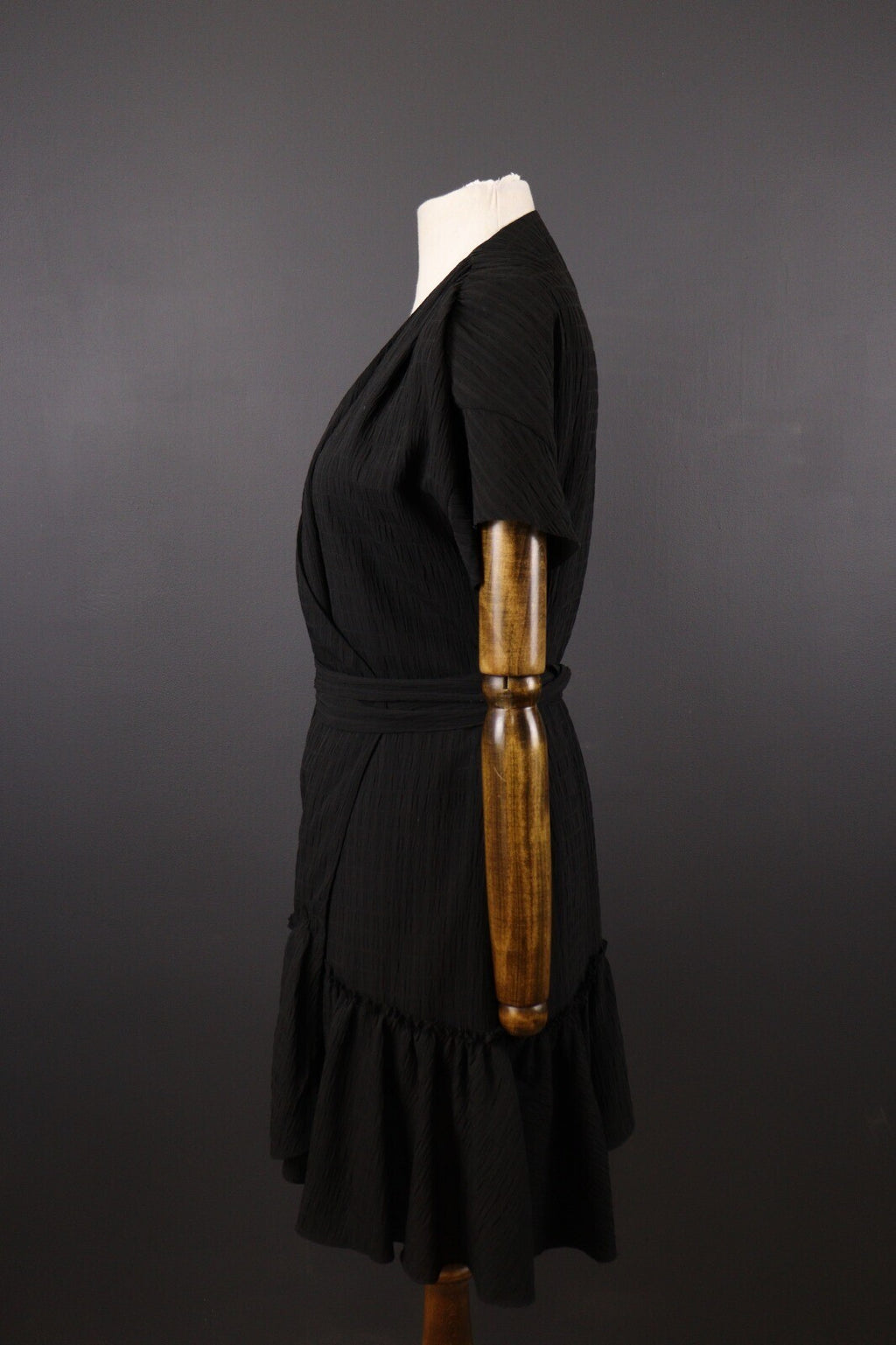 AllSaints Black Short Sleeve Ruffle Wrap A-Line Dress – Size UK 12 / US 8