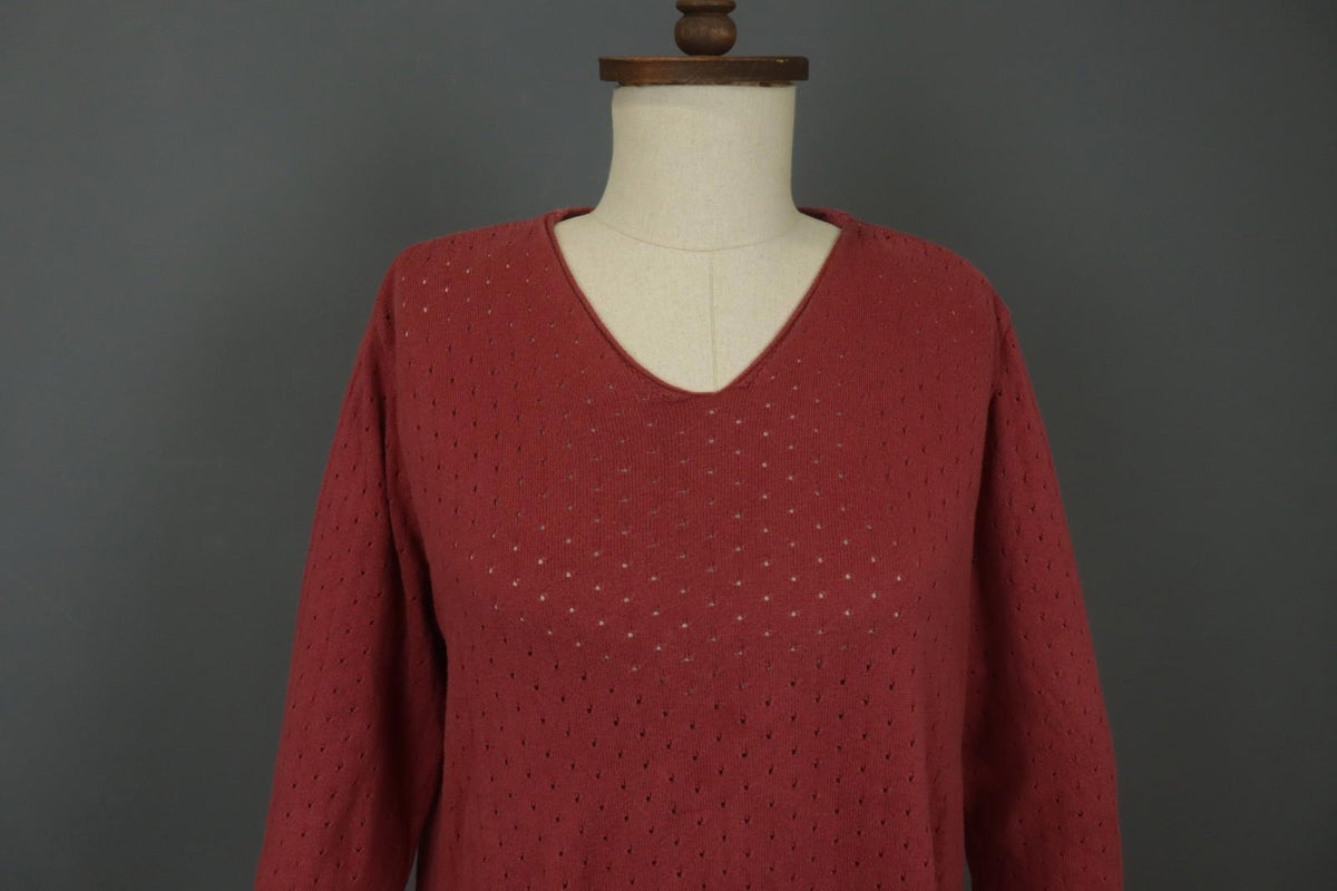 GUDRUN SJODEN Red Cotton Long Sleeve V-Neck Knitted Pullover Blouse Top – Size L