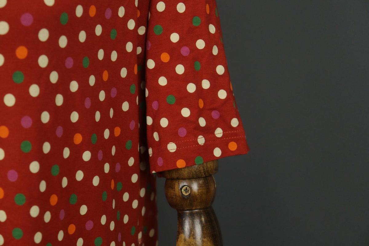 GUDRUN SJODEN Red Polka Dot Organic Cotton Short Sleeve V-Neck Sheath Dress Sz L
