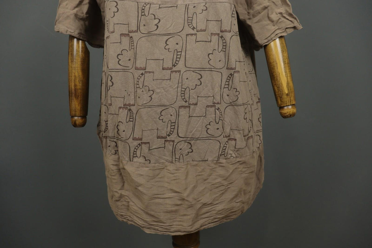 GUDRUN SJODEN Brown Elephant Print 3/4 Sleeve Round Neck Shift Dress – Size S
