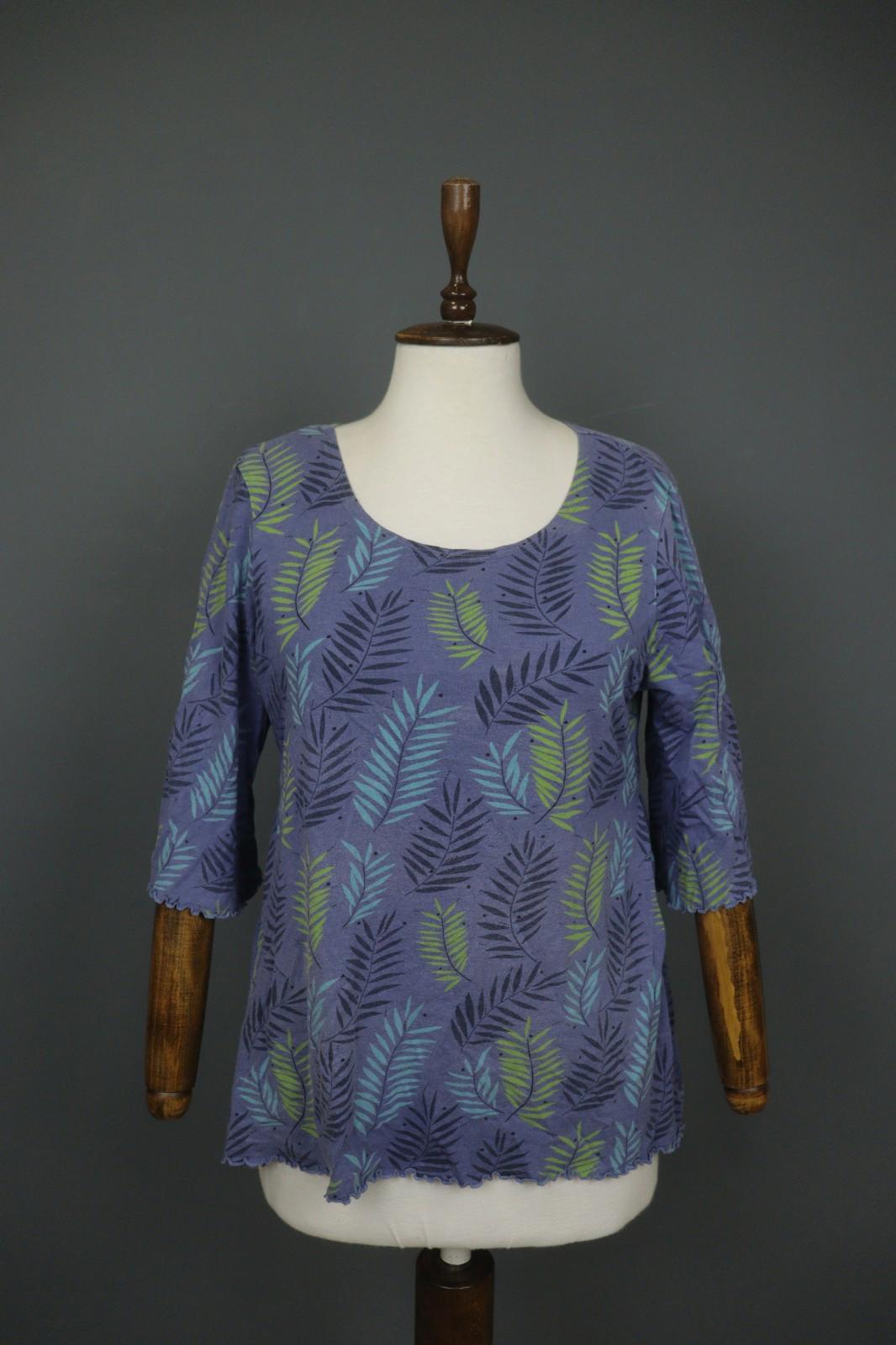 GUDRUN SJODEN Blue Palm Leaf Print Cotton 3/4 Sleeve Pullover Knit Top – Size M