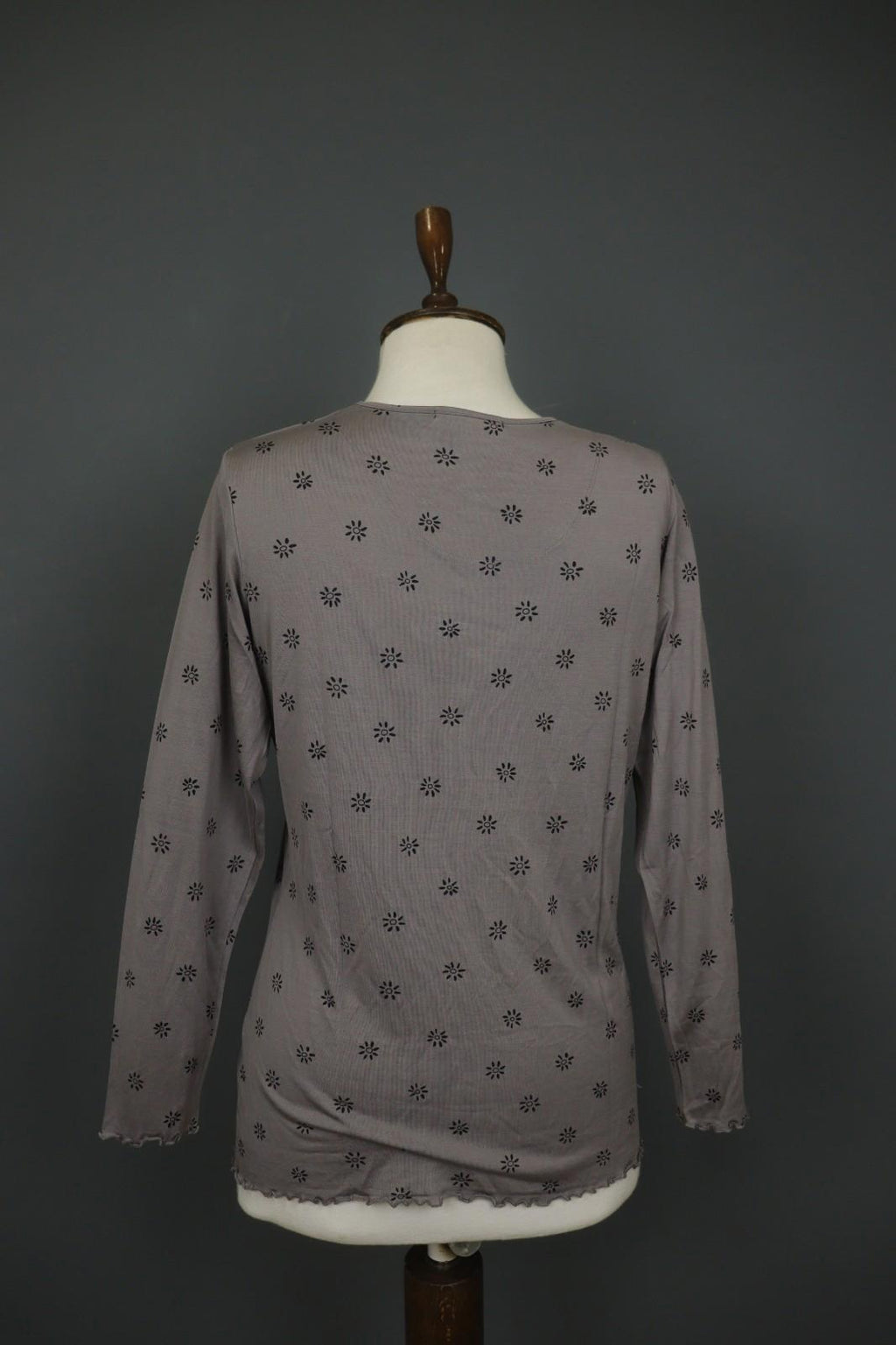 GUDRUN SJODEN Gray & Black Floral Silk Long Sleeve Round Neck Blouse Top – Size M
