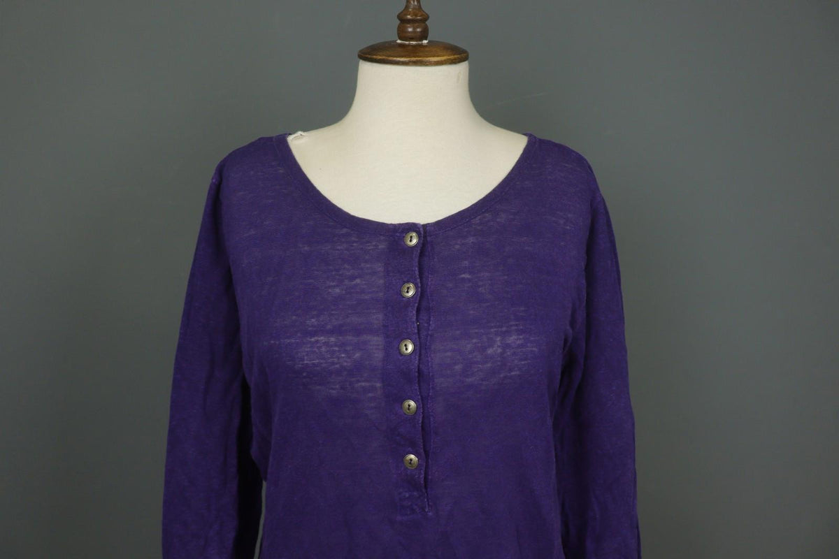 GUDRUN SJODEN Purple 100% Linen Stretch Round Neck Button Front Shirt Top – Size L