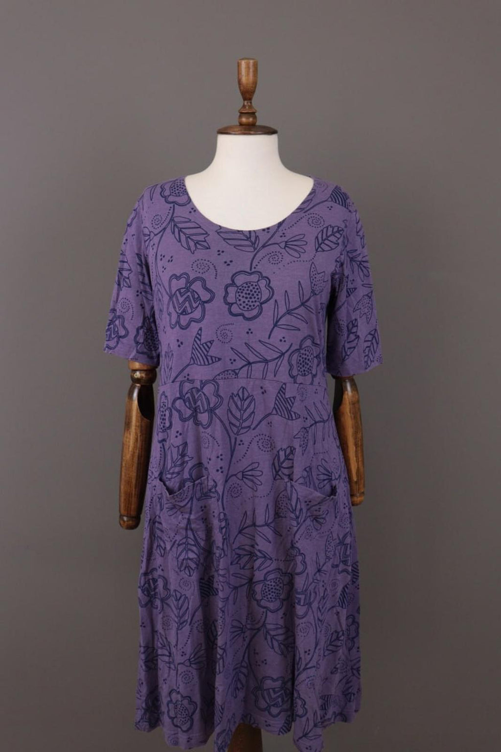 GUDRUN SJODEN Purple Floral Pockets Short Sleeve Blouson Midi Dress – Size M