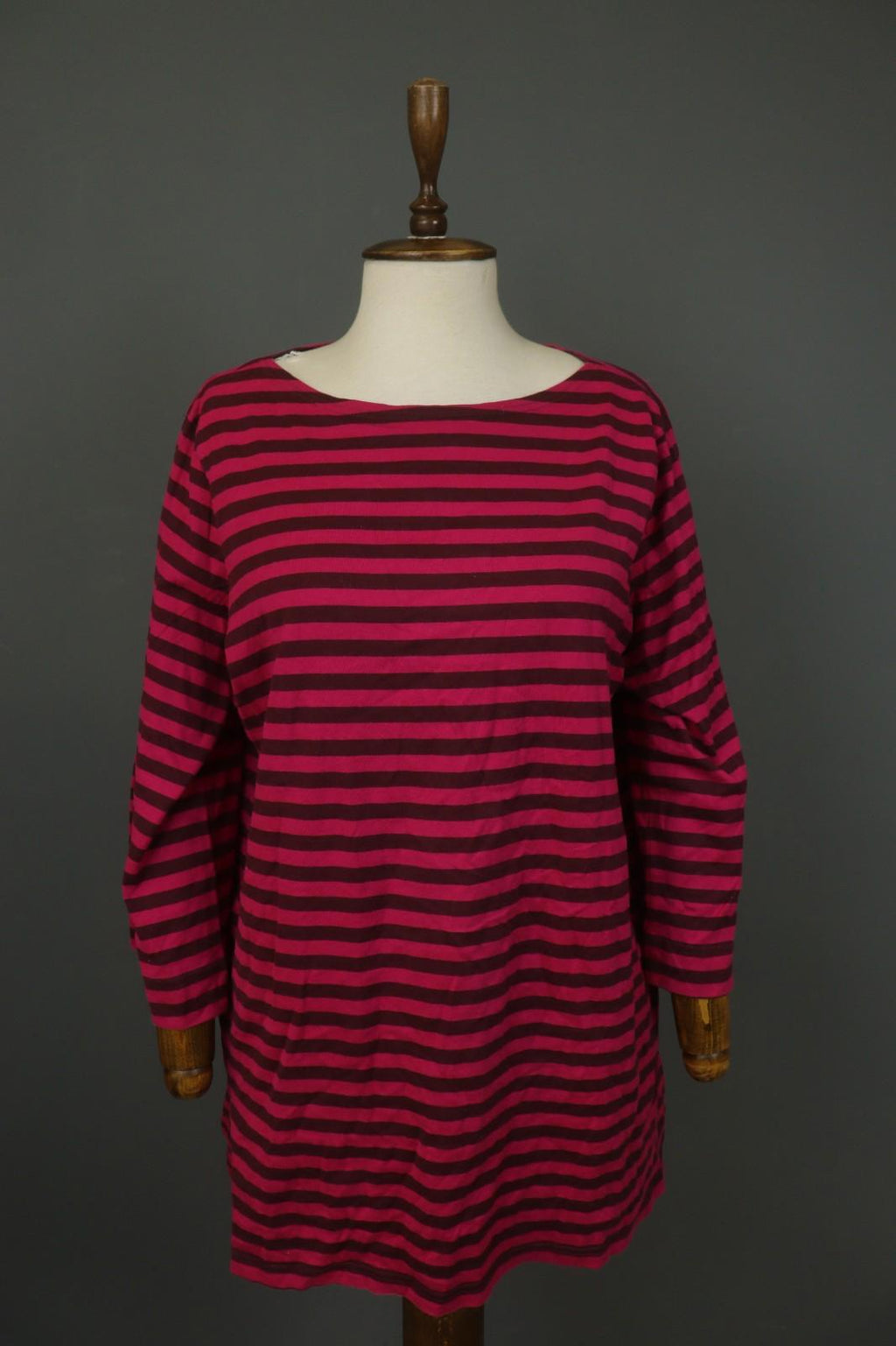 MARIMEKKO Red Black Striped 100% Cotton Long Sleeve Round Neck Shift Dress