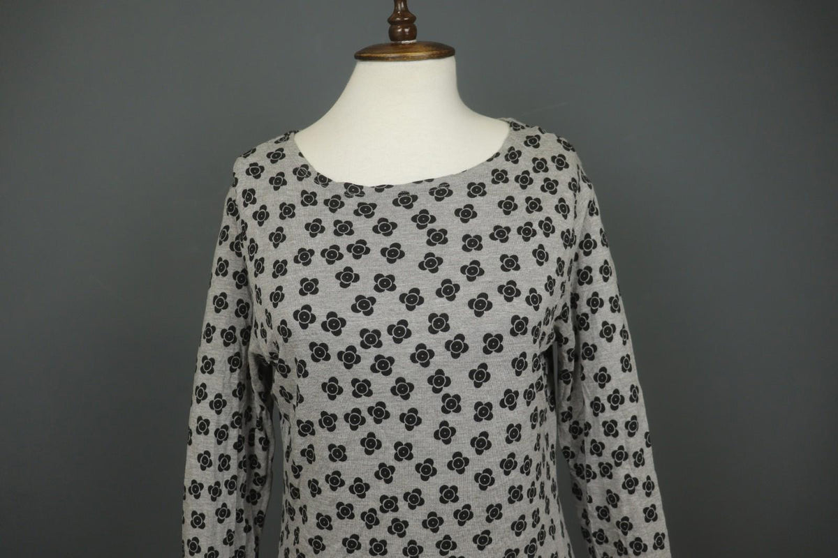 GUDRUN SJODEN Black Gray Floral 100% Modal Long Sleeve Round Neck Dress S/M