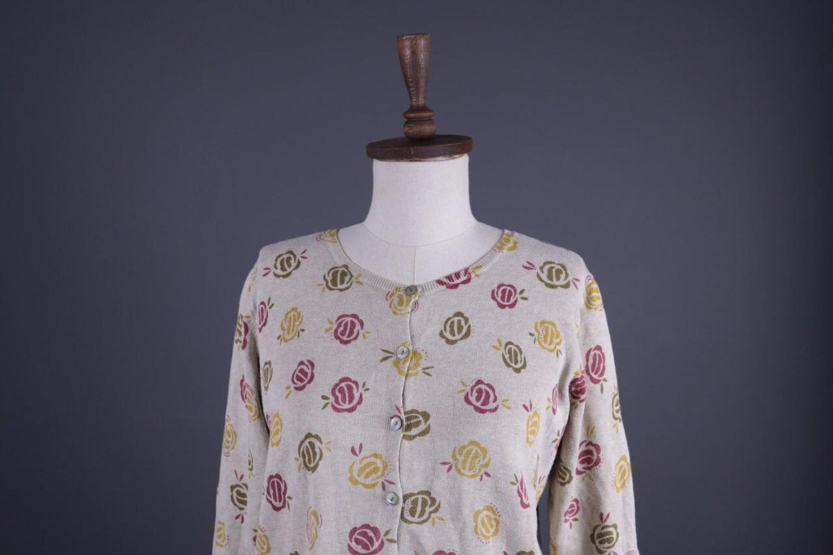 GUDRUN SJODEN Beige Floral Knit Cardigan Sweater – Size M