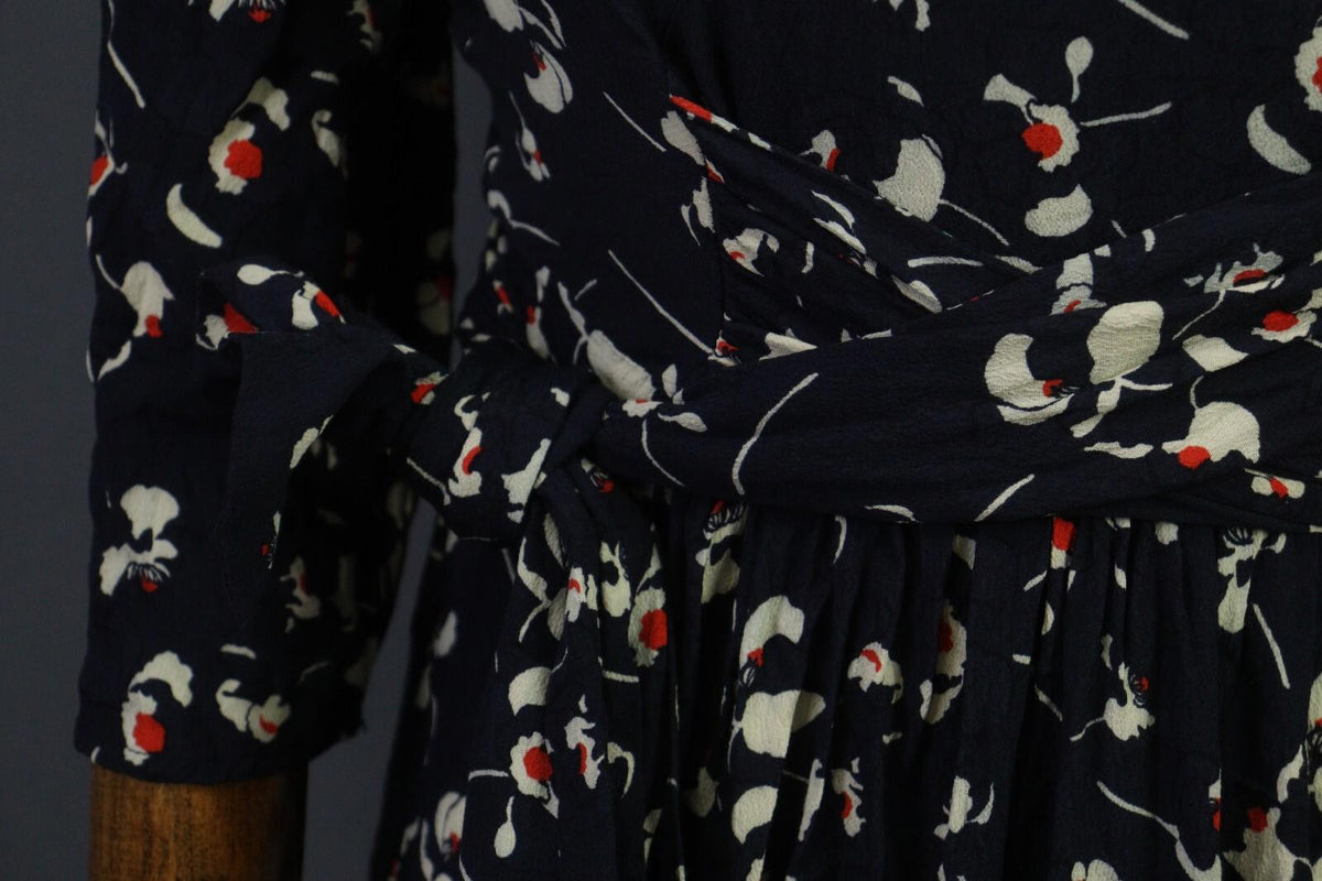 BA&SH Black Floral Long Sleeve V-Neck Belted A-Line Midi Dress – Size 4