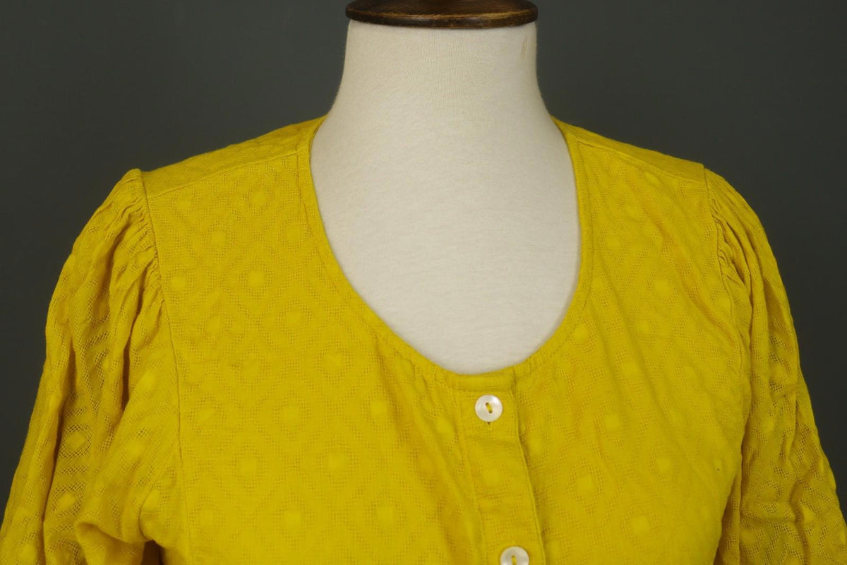 GUDRUN SJODEN Yellow Cotton Long Sleeve Round Neck Button Front Shirt Dress Sz M