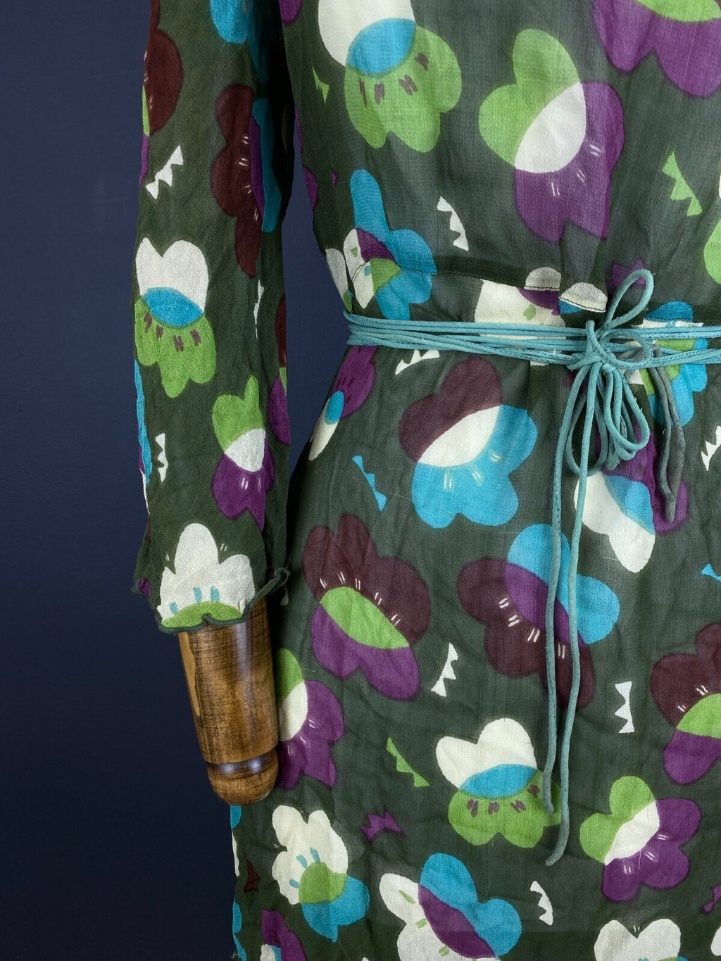 Gudrun Sjoden Green Floral Wrap Belted 3/4 Sleeve Blouson Midi Dress – Size M