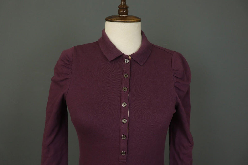 BURBERRY BRIT Burgundy Slim Fit Long Sleeve Collared Popover Polo Shirt – Size S