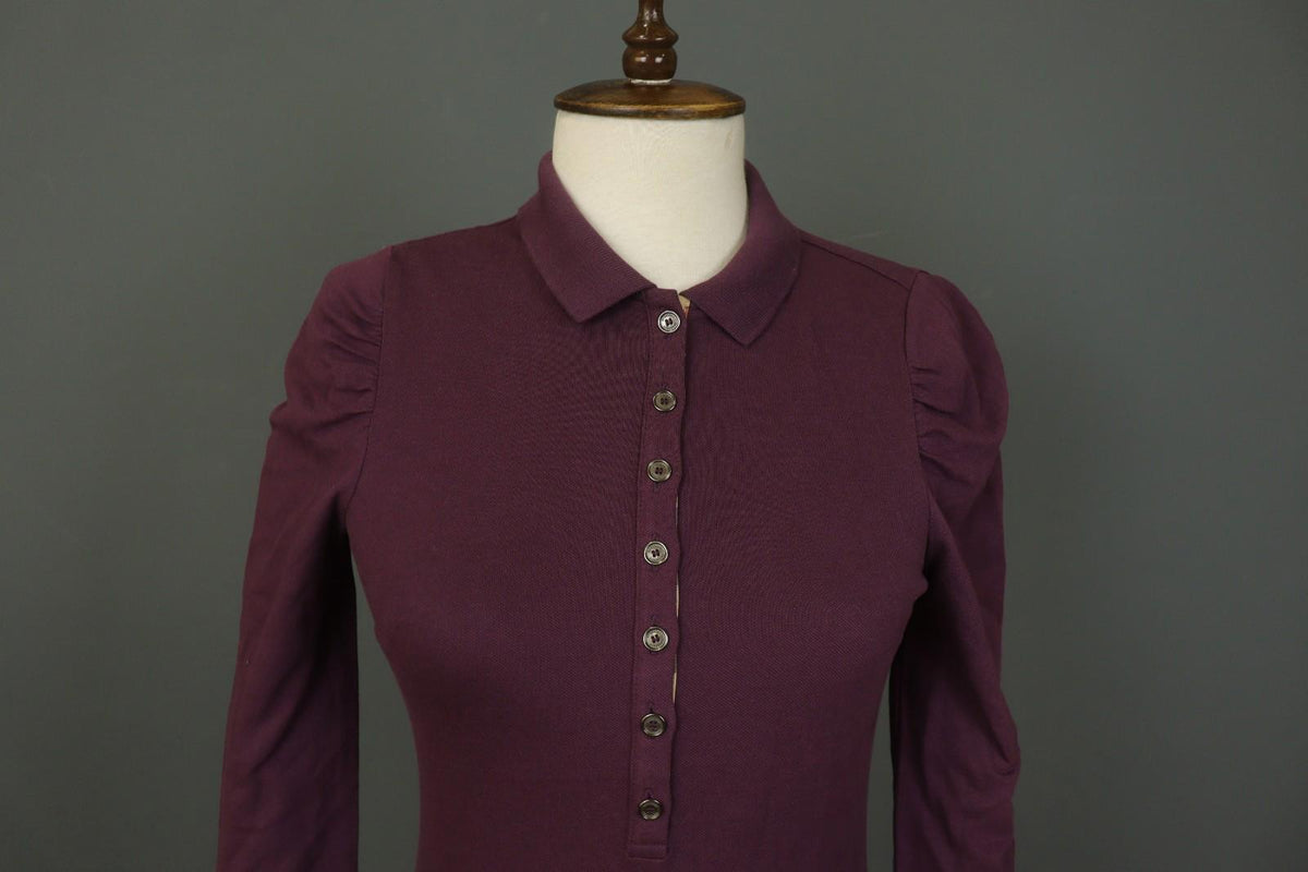 BURBERRY BRIT Burgundy Slim Fit Long Sleeve Collared Popover Polo Shirt – Size S