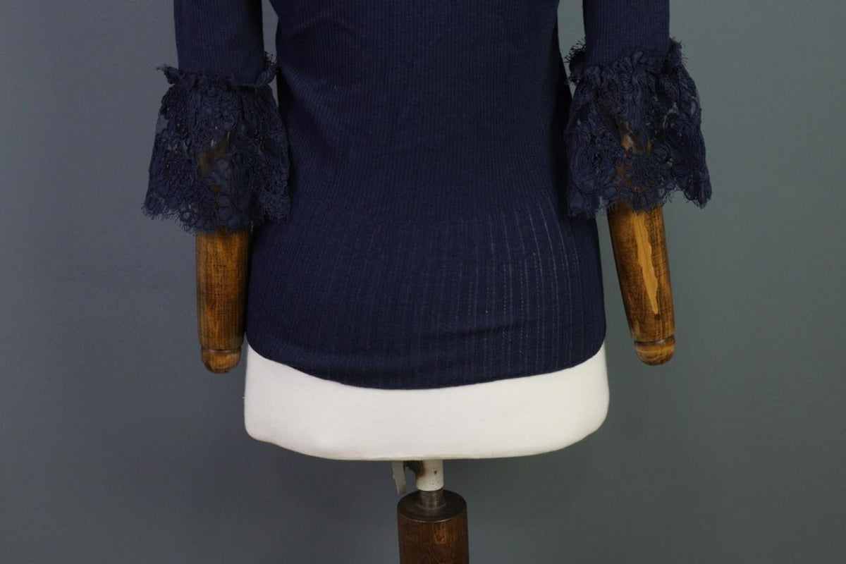 Oscan De La Renta Blue 3/4 Sleeve Ribbed Wool Cropped Sweater – Size L