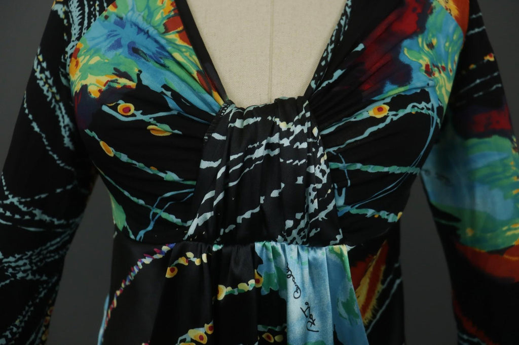 ROBERTO CAVALLI Multicolor Geometric Long Sleeve V-Neck Midi Shift Dress – Size L