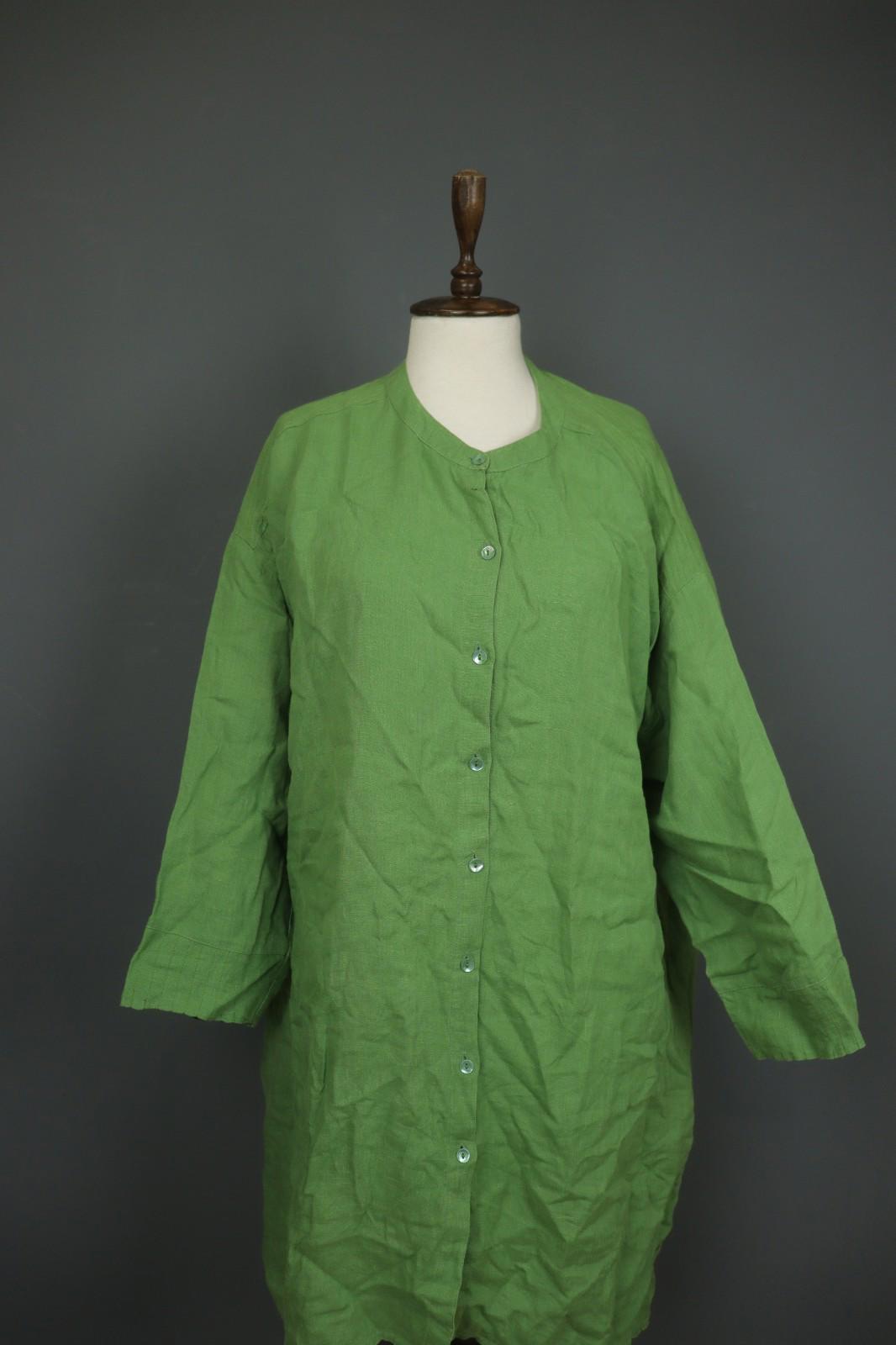 GUDRUN SJODEN Green 100%Linen Classic Long Sleeve Button Front Shirt Dress Sz XL
