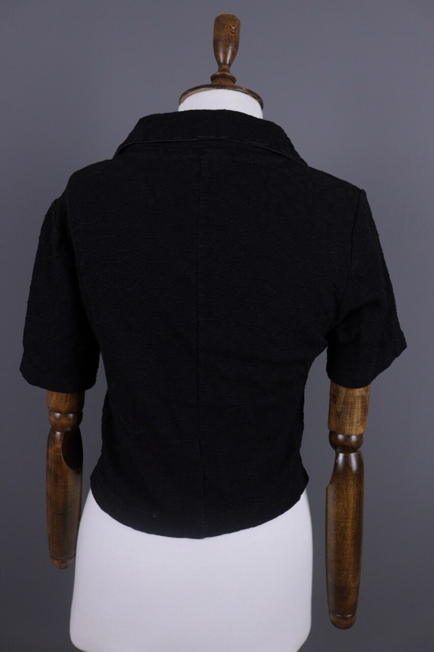 Transit Par Such 392 Black Floral Embroidered Short Sleeve Blouse Shirt Sz 3 / L
