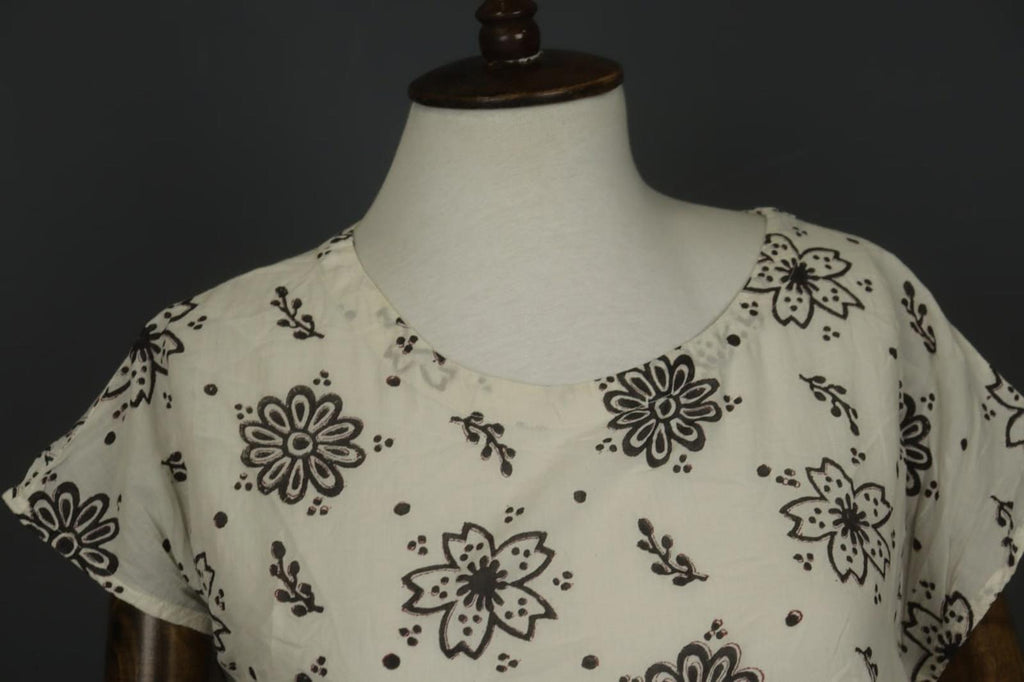 GUDRUN SJODEN White & Black Floral Cotton Cap Sleeve Crew Neck Sheath Dress Sz S