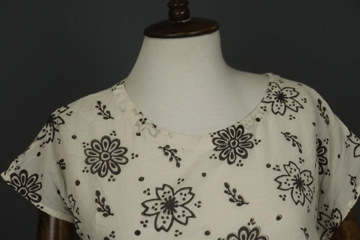 GUDRUN SJODEN White & Black Floral Cotton Cap Sleeve Crew Neck Sheath Dress Sz S