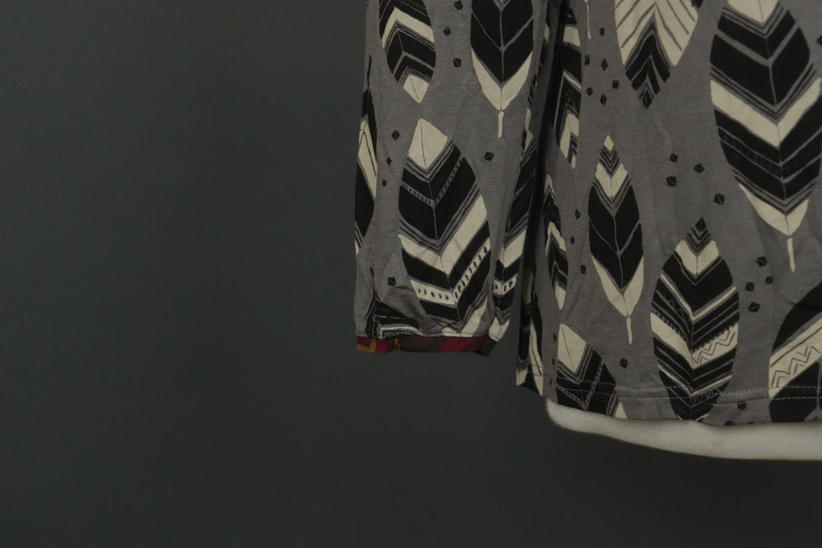GUDRUN SJODEN Gray Black Leaf Print Round Neck Long Sleeve Pullover Blouse Top