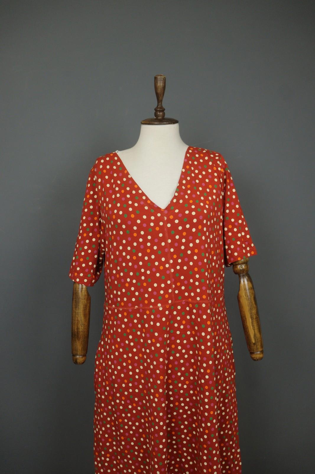GUDRUN SJODEN Red Polka Dot Organic Cotton Short Sleeve V-Neck Sheath Dress Sz L
