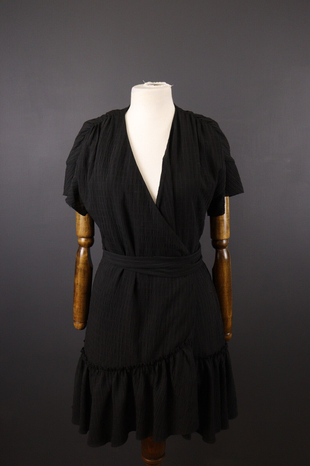 AllSaints Black Short Sleeve Ruffle Wrap A-Line Dress – Size UK 12 / US 8