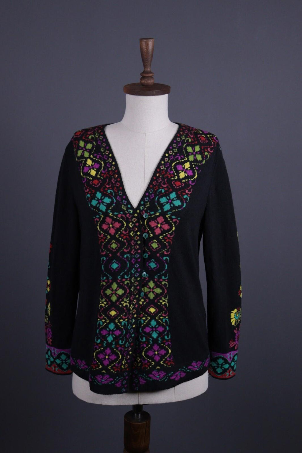 IVKO Black Intarsia Pattern Wool Floral Knit Sweater – Size 40 / S