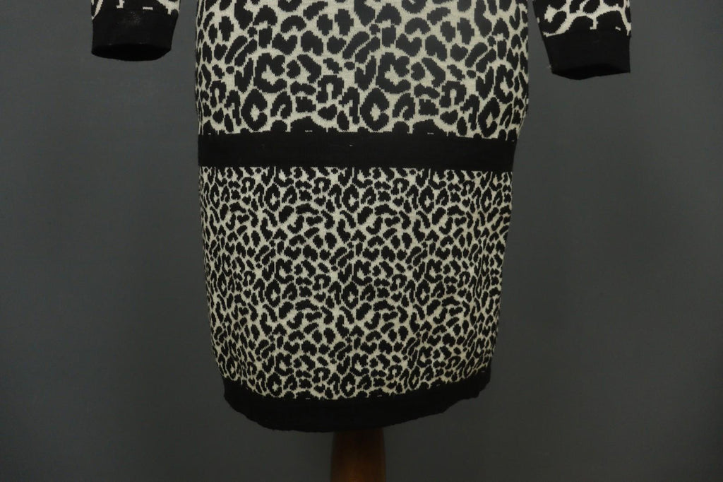 GIVENCHY Life Black White Leopard Print 100% Wool Long Sleeve Sweater Dress M/L