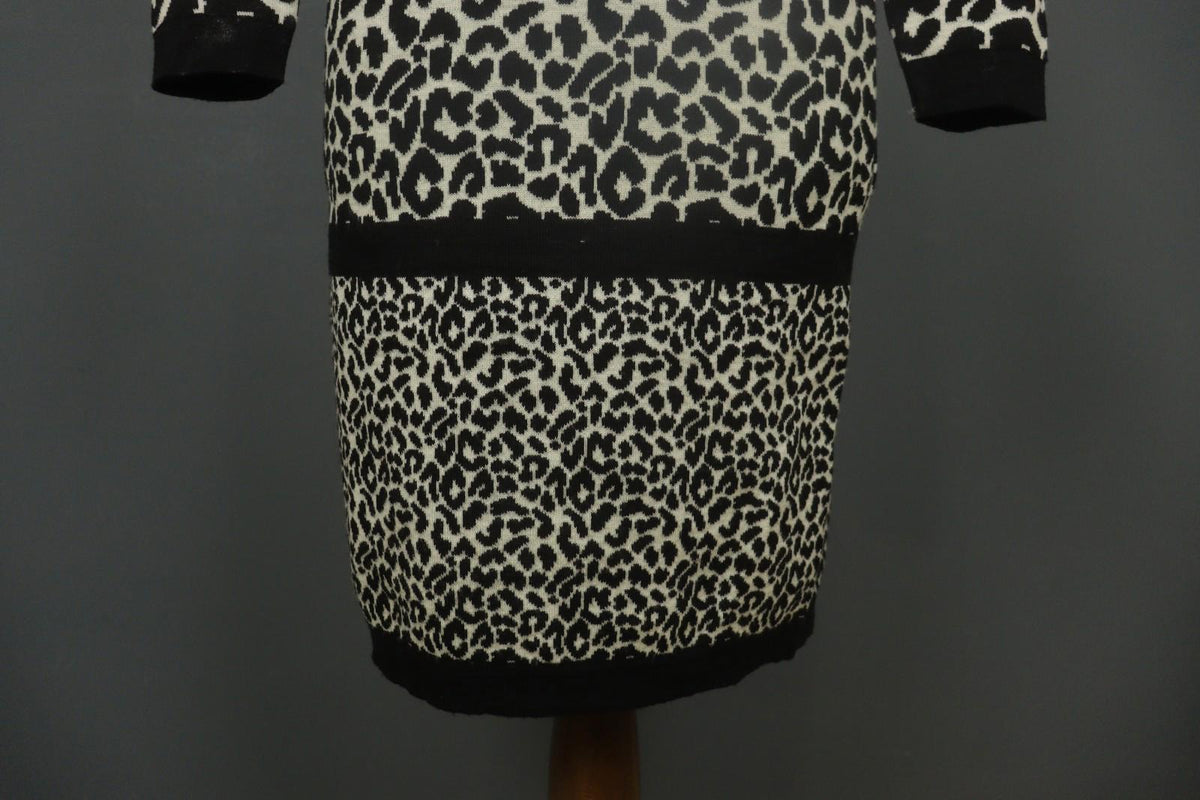 GIVENCHY Life Black White Leopard Print 100% Wool Long Sleeve Sweater Dress M/L