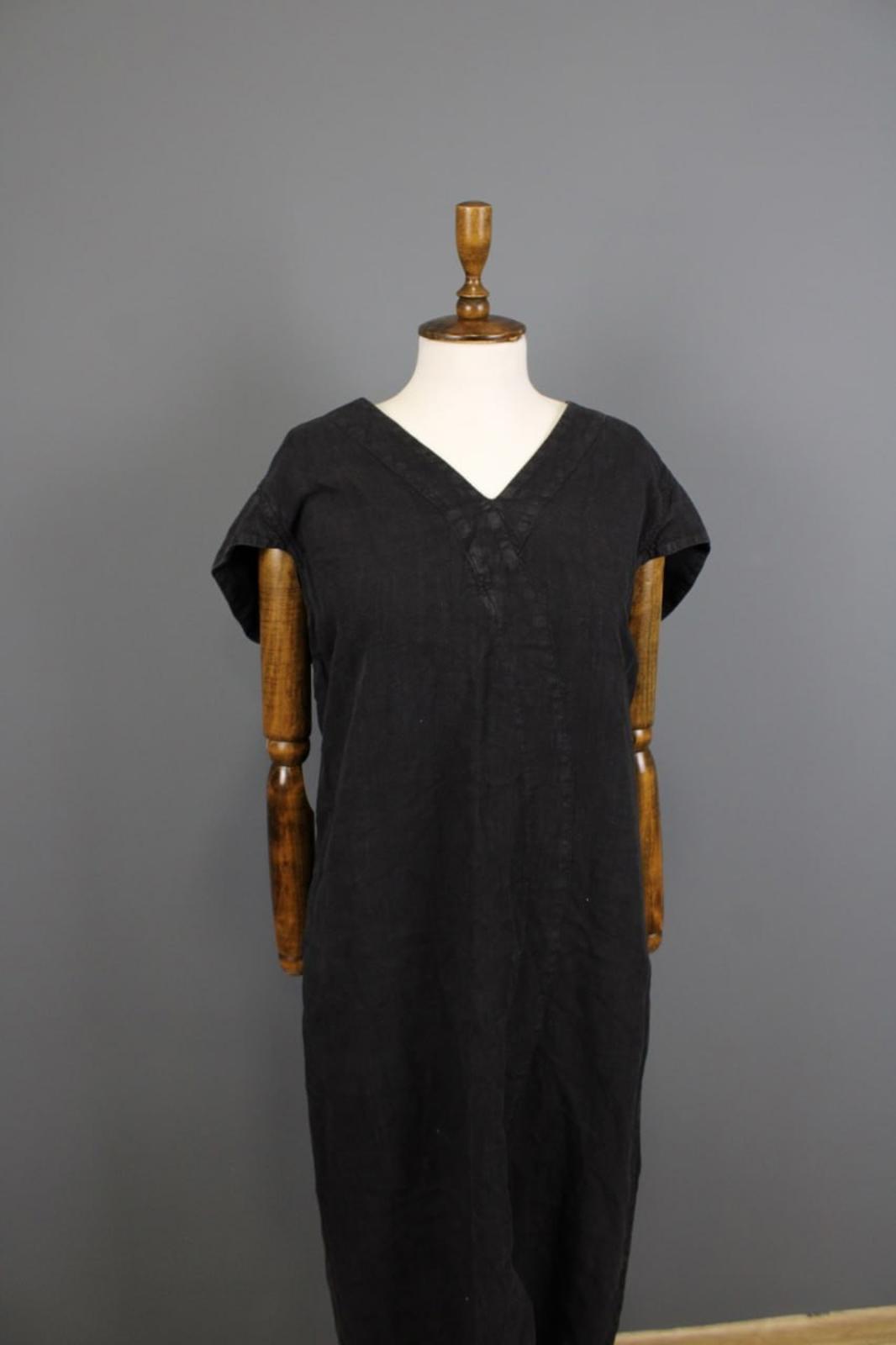 OSKA Black Linen Regular Fit V-Neck Casual Short Sleeve Long Maxi Dress – Size 2