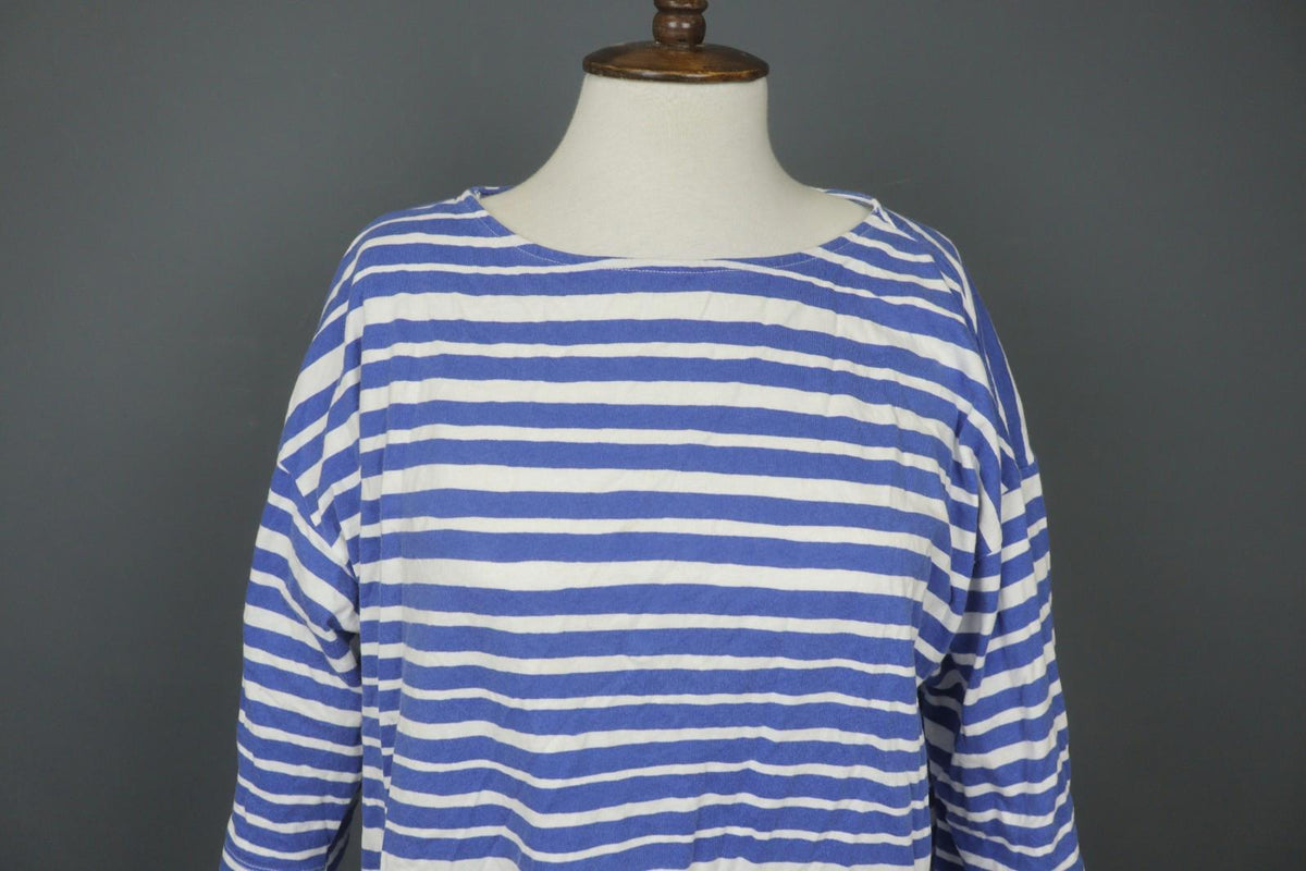 MARIMEKKO Blue White Striped 100% Cotton Round Neck 3/4 Sleeve Tunic Dress Sz L