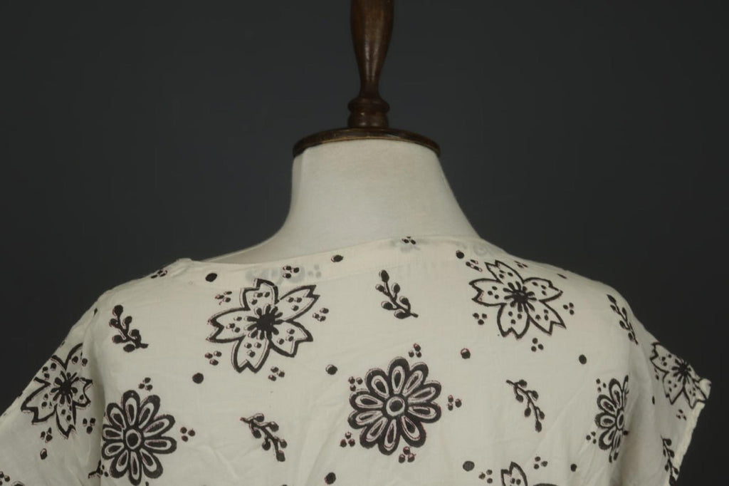 GUDRUN SJODEN White & Black Floral Cotton Cap Sleeve Crew Neck Sheath Dress Sz S