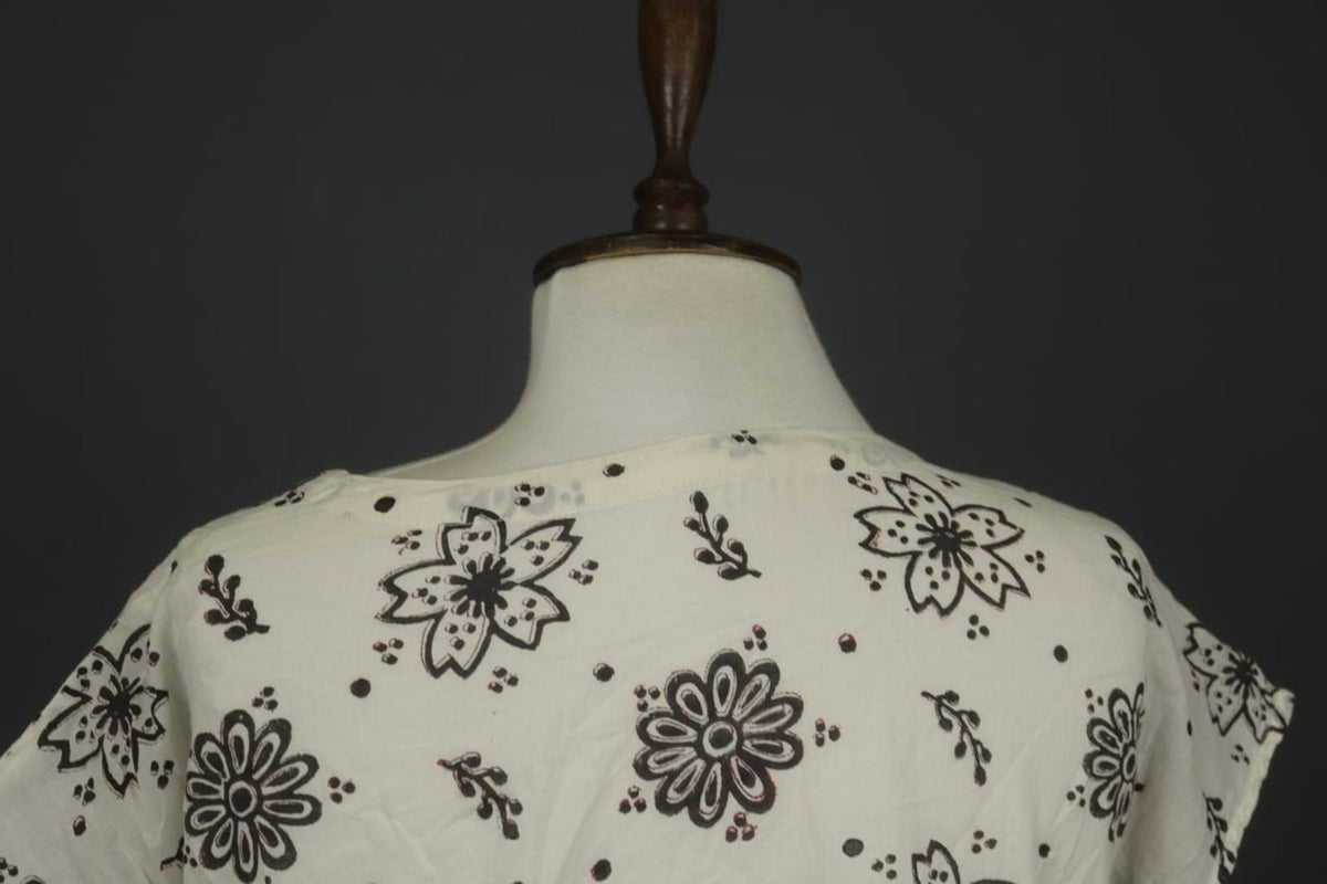 GUDRUN SJODEN White & Black Floral Cotton Cap Sleeve Crew Neck Sheath Dress Sz S